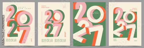 Set of Happy New Year 2027 vintage retro posters. Mid century modern typography with numbers. Creative vector illustration for greeting card, cover, calendar, branding or poster
