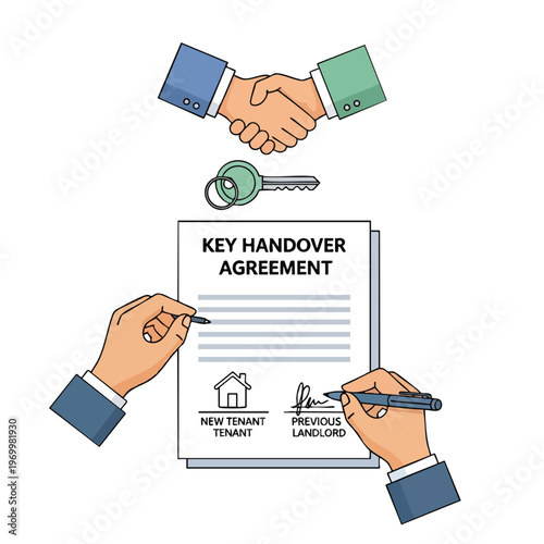 Handshake, key, and contract signing for a new tenant agreement