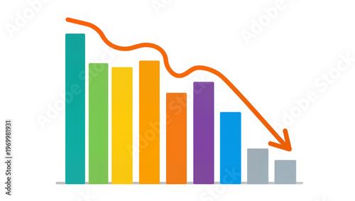 Bild auf Leinwand Decreasing multicolored bar graph, showing downward trend with orange arrow
