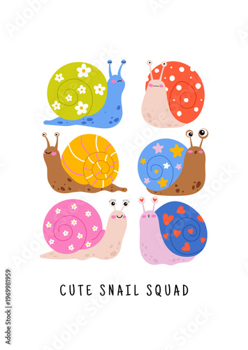 Cute snail characters collection poster. Hand drawn vector illustration set of colorful snails for kids nursery decor, greeting cards, stickers, baby shower and print design