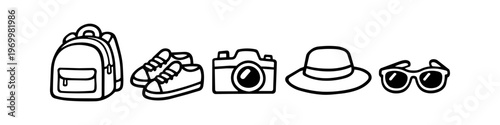 Vector illustration of travel essentials icons in a hand-drawn doodle style, including a backpack, sneakers, camera, hat, and sunglasses. Simple black line art isolated on a white background.