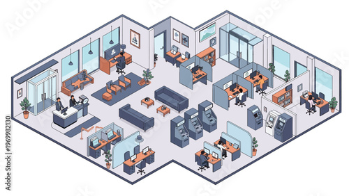 Detailed isometric view of a large modern office layout featuring workstations, meeting rooms, reception area, and lounge spaces.