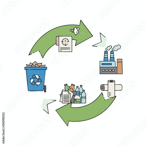 Circular diagram showing waste collection, processing, and reuse with arrows