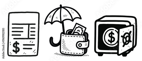 Hand drawn money and finance protection icons