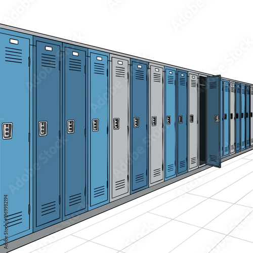Row of blue and gray school lockers, one door ajar, against a white background