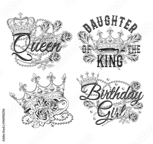 Set of black and white labels with crown, heart, roses, pearl necklace, text. Luxury kitsch design. Detailed composition in vintage style on transparent background