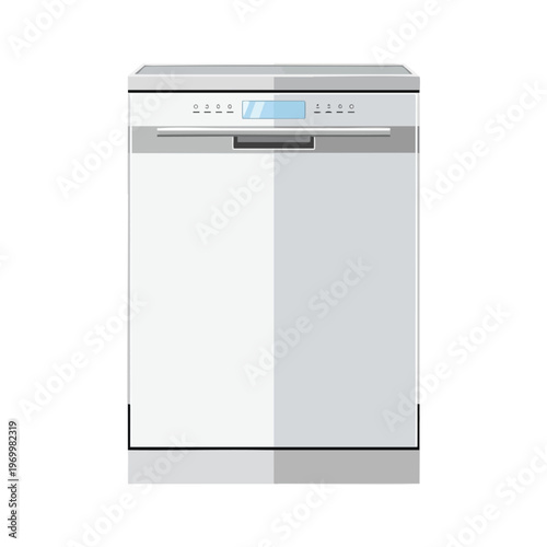 Modern, freestanding white dishwasher with integrated digital display and control panel