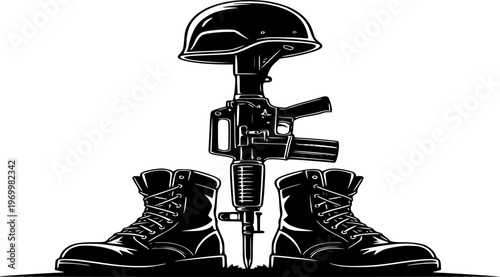 Fallen Soldier Memorial Silhouette Boots Rifle Helmet War Sacrifice Black Vector