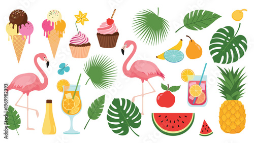 Vibrantly colored tropical collection featuring pink flamingos, exotic fruits, sweet desserts, refreshing cocktails, and lush green palm leaves.