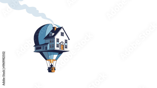 Imaginative illustration of a classic residential house being carried through the sky by a large blue hot air balloon.