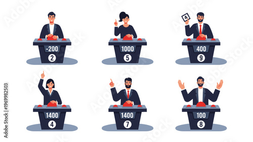 Set of various contestants participating in a television game show quiz behind podiums with scores and buzzers.