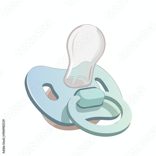 A blue and mint green baby pacifier, with a clear nipple, isolated on white