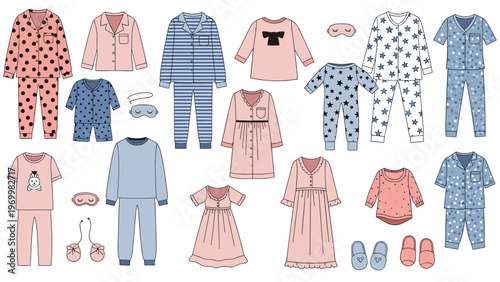 Collection of cozy children sleepwear featuring various pajama sets, nightgowns, sleeping masks, and soft slippers in pink and blue.