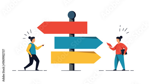 Two women standing near large multi-colored directional arrows on a signpost deciding which path to take for their career.