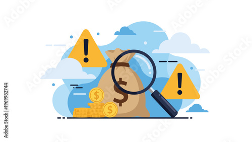 Large magnifying glass inspecting money bag and coins with yellow warning triangles indicating financial risk and audit.