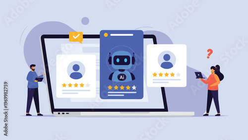 Man and woman using large laptop to evaluate candidates where an AI robot profile is ranked with highest star ratings.