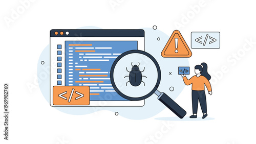 Female developer using large magnifying glass to find software bug on computer screen showing lines of programming code.