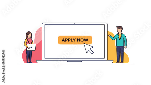 Man and woman standing next to large laptop with big yellow Apply Now button on screen for online job seeking process.