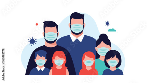 Large family group of parents and children all wearing medical face masks to prevent spread of virus during pandemic.
