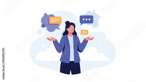 Woman in business suit standing with open hands feeling confused by different chat speech bubbles representing choices.