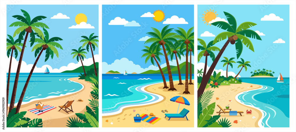 Obraz premium Tropical beach banners with palm trees, lounge chairs, picnic mats, and ocean waves vector.