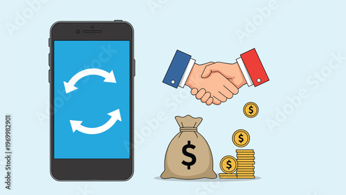 Smartphone displaying a sync icon next to a handshake and a bag of money to represent mobile banking and secure financial transactions.
