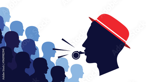 Silhouette of a man wearing a red hat blowing a whistle towards a large crowd of people to grab attention or lead a protest.