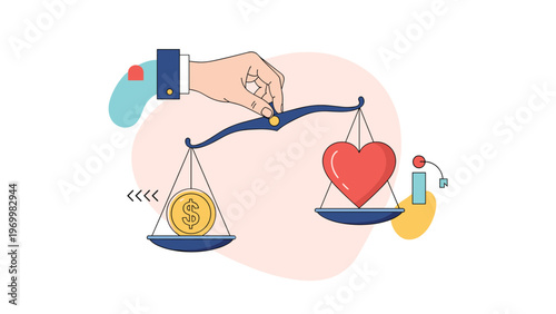 Hand holding a balance scale that compares the weight of a gold dollar coin against a large red heart for work life balance.
