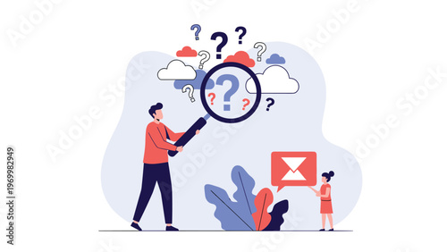 Man using a magnifying glass to look at various question marks while a little girl holds an hourglass representing research over time.