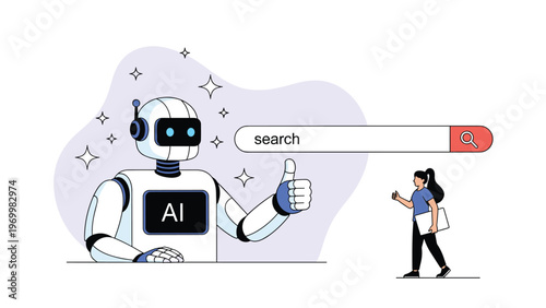Large humanoid AI robot giving a thumbs up next to a web search bar while a female developer walks by carrying a laptop.