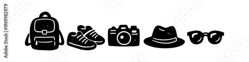 Hand-drawn vector set of travel icons including a backpack, sneakers, camera, hat, and sunglasses. Minimalist black silhouettes of vacation essentials isolated on a white background.