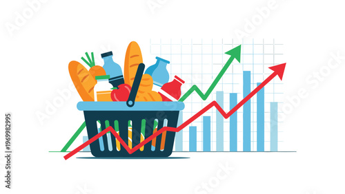 Blue plastic grocery basket filled with food items standing in front of a rising bar chart with green and red growth arrows.