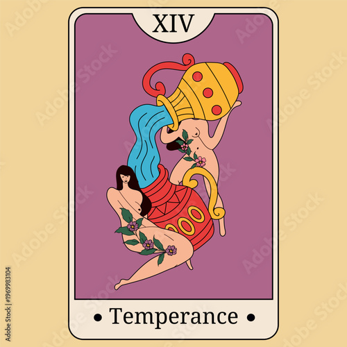 Tarot Card Temperance with Feminine Figure Pouring Water