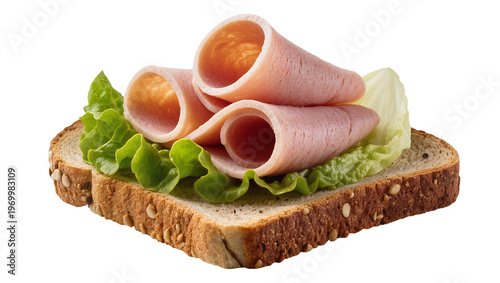 Obraz na plátně Rustic wholewheat bread slice topped with fresh lettuce, layered ham rolls
