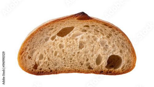 Photography Rustic sourdough bread slice, revealing airy crumb structure and golden crust