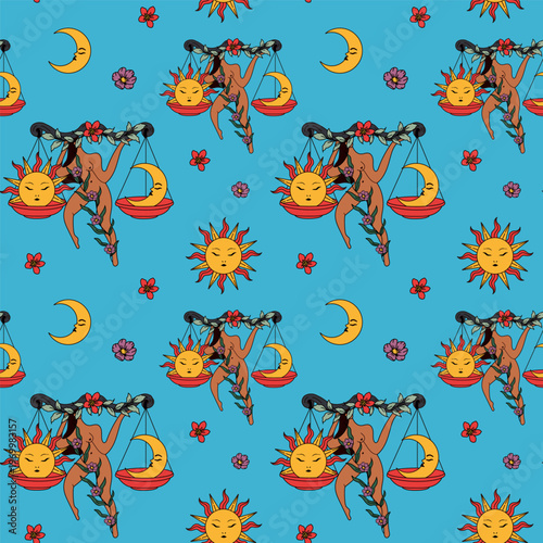Libra Zodiac Seamless Pattern with Sun Moon and Feminine Figure