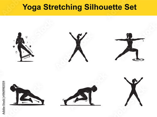 Set of black silhouettes depicting women performing various yoga and stretching exercises, including warrior pose, jumping jacks, and mountain climbers.