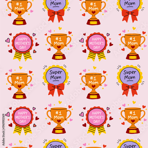 Mother’s Day Seamless Pattern with Super Mom Awards and Trophies