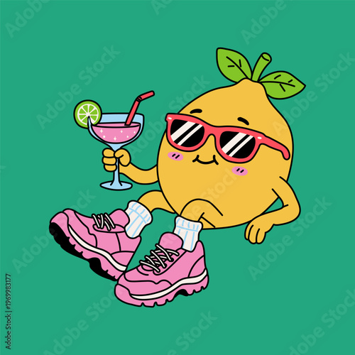 Funny Lemon Cartoon Wearing Sunglasses with Drink