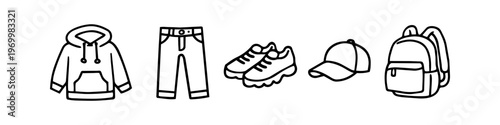 Set of casual fashion apparel icons including hoodie, pants, sneakers, cap, and backpack. Minimalist black line art on a white background, perfect for streetwear or school-themed designs.
