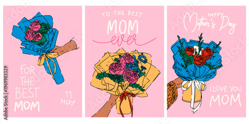 Mothers Day Posters with Roses and Flowers Illustration