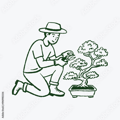 Man pruning bonsai tree