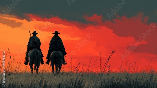Silhouette of two cowboys riding horses side by side against fiery red dramatic sunset sky prairie