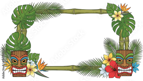 Exotic tropical bamboo frame adorned with traditional tiki masks hibiscus flowers and lush green jungle foliage for summer beach party themes.