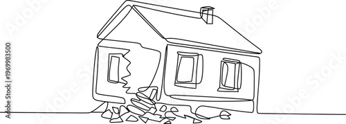 Continuous single line drawing of damaged house with earthquake cracks disaster destruction concept minimalist design