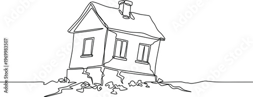 Continuous single line drawing of damaged house with earthquake cracks disaster destruction concept minimalist design