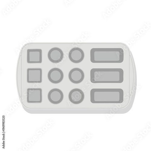 Flat graphic of a grey baking tray with 12 cavities of mixed shapes
