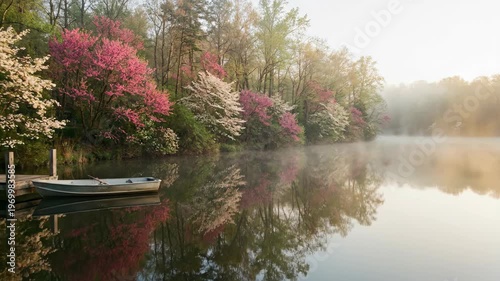 Small wooden boat docked at pier on calm lake during sunrise. Scenic spring landscape with blooming pink and white cherry trees under gentle morning fog. Tranquil water surface reflecting forest view