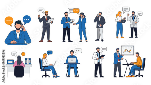 Professional people engaged in various office activities including phone calls meetings and remote work using laptops and mobile devices.