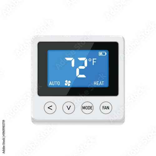 Digital thermostat displaying 72°F, set to Auto, with fan and heat modes